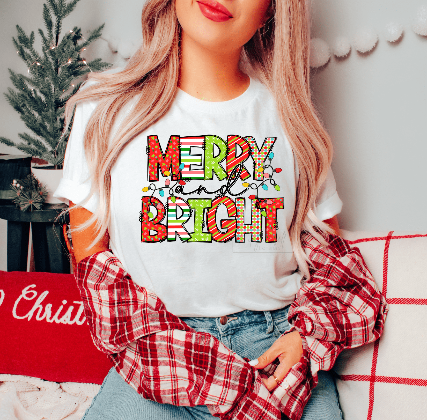 Merry and Bright Christmas Light bulbs red green size ADULT DTF TRANSFERPRINT TO ORDER - Do it yourself Transfers