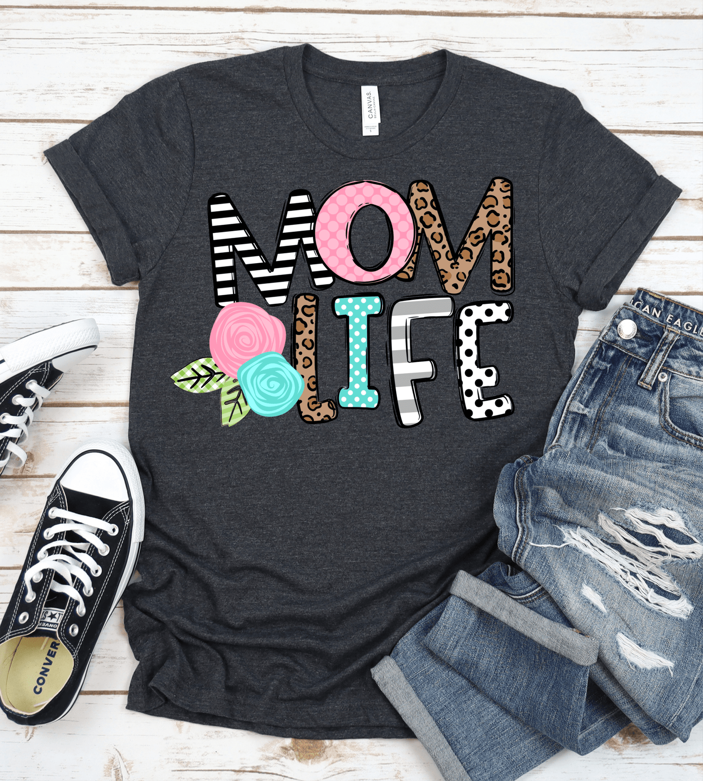 Mom Life Flowers pink polka dot leopard DTF TRANSFERPRINT TO ORDER - Do it yourself Transfers