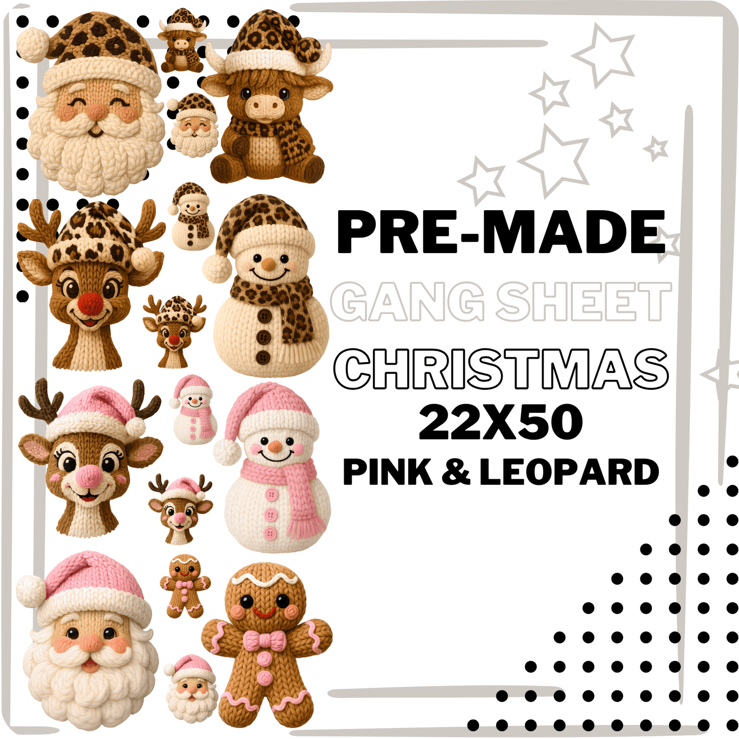 PRE - MADE CHRISTMAS PINK/LEOPARD YARN CROCHET THEMED GANG SHEET DTF DIRECT TO FILM transfers size 22x50 - Do it yourself Transfers