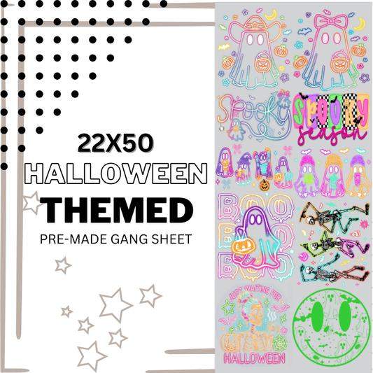 PRE - MADE GANG SHEET HALLOWEEN NEON DTF DIRECT TO FILM transfers size 22x50 - Do it yourself Transfers