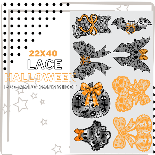 PRE - MADE LACE HALLOWEEN BATS CAT CHERRIES PUMPKIN GANG SHEET DTF DIRECT TO FILM transfers size 22x20 - Do it yourself Transfers