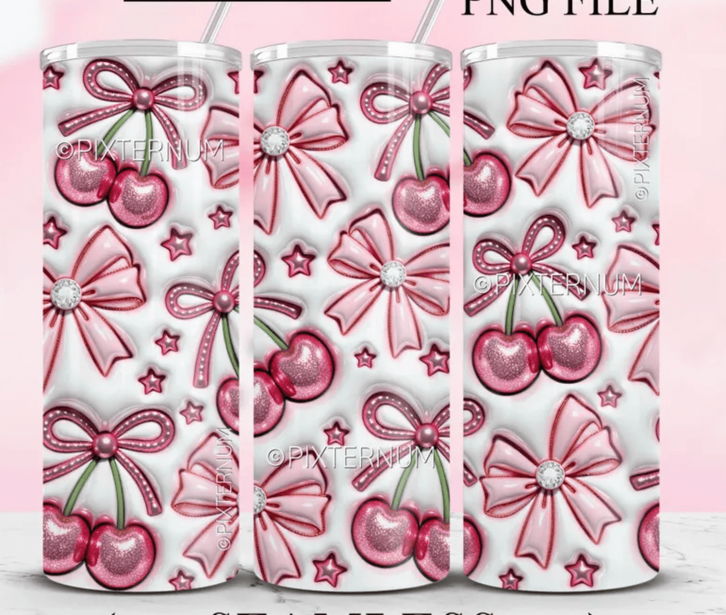 RTS BOWS CHERRIES PINK PEARLS 20 oz STRAIGHT SKINNY TUMBLER WRAP 9.6x8.3 - Do it yourself Transfers