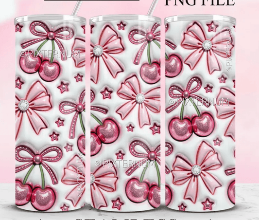 RTS BOWS CHERRIES PINK PEARLS 20 oz STRAIGHT SKINNY TUMBLER WRAP 9.6x8.3 - Do it yourself Transfers