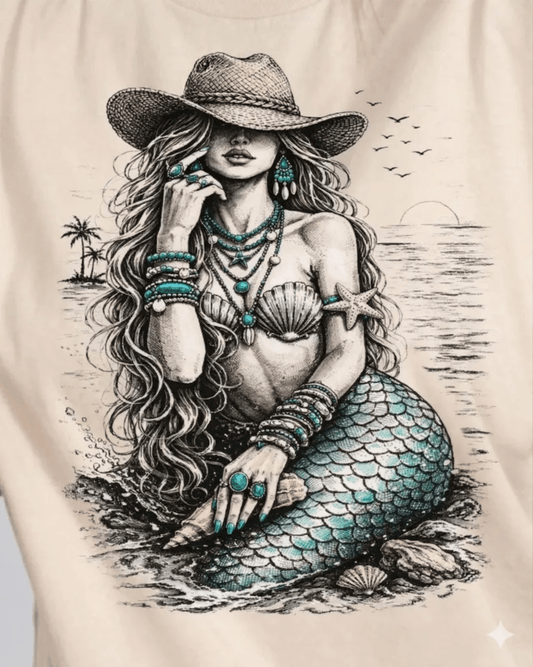 RTS COWGIRL MERMAID SEASHELLS BEACH DTF DIRECT TO FILM transfers ADULT 10X11.5 - Do it yourself Transfers