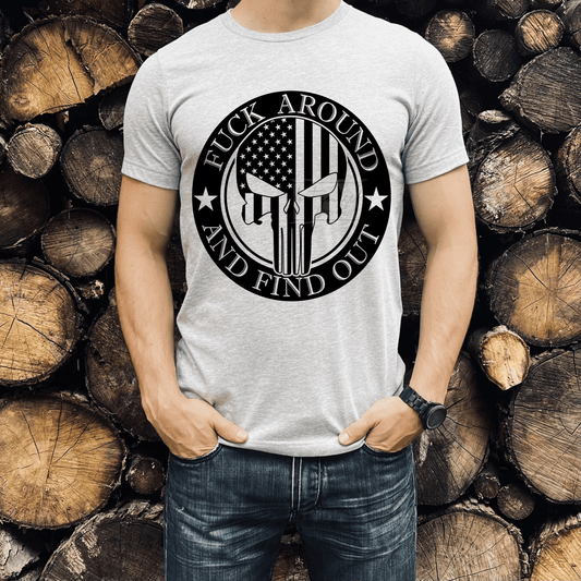 RTS FUCK AROUND & FIND OUT PUNISHER SINGLE COLOR BLACK Screen Print transfers size ADULT 10X12. 13 - H - Do it yourself Transfers