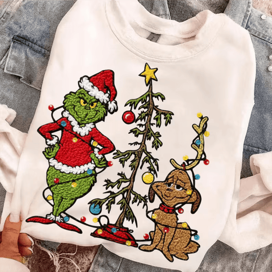 RTS GREEN MAN CHRISTMAS TREE FAUX EMBROIDERY DTF DIRECT TO FILM transfers ADULT 10X12 - Do it yourself Transfers