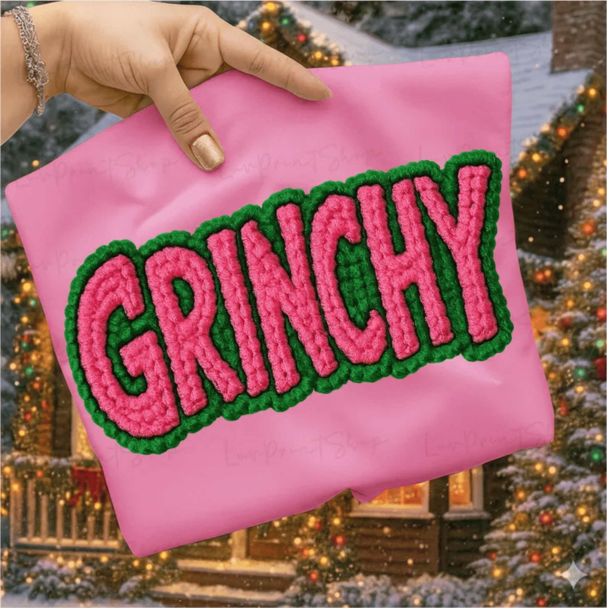 RTS GRINCHY CROCHET PINK GREEN CHRISTMAS DTF DIRECT TO FILM transfers ADULT 10X12 - Do it yourself Transfers