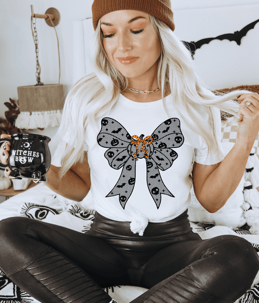 RTS HALLOWEEN BOW LACE PUMPKIN ORANGE SCREEN PRINT transfer ADULT 10X12 - Do it yourself Transfers