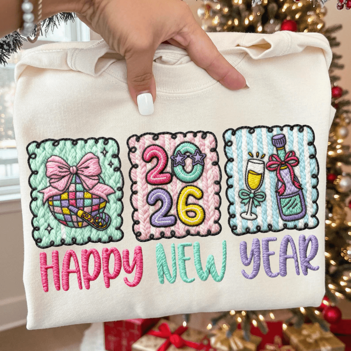 RTS HAPPY NEW YEAR 2026 YARN FAUX DTF DIRECT TO FILM transfers ADULT 9X12 - Do it yourself Transfers