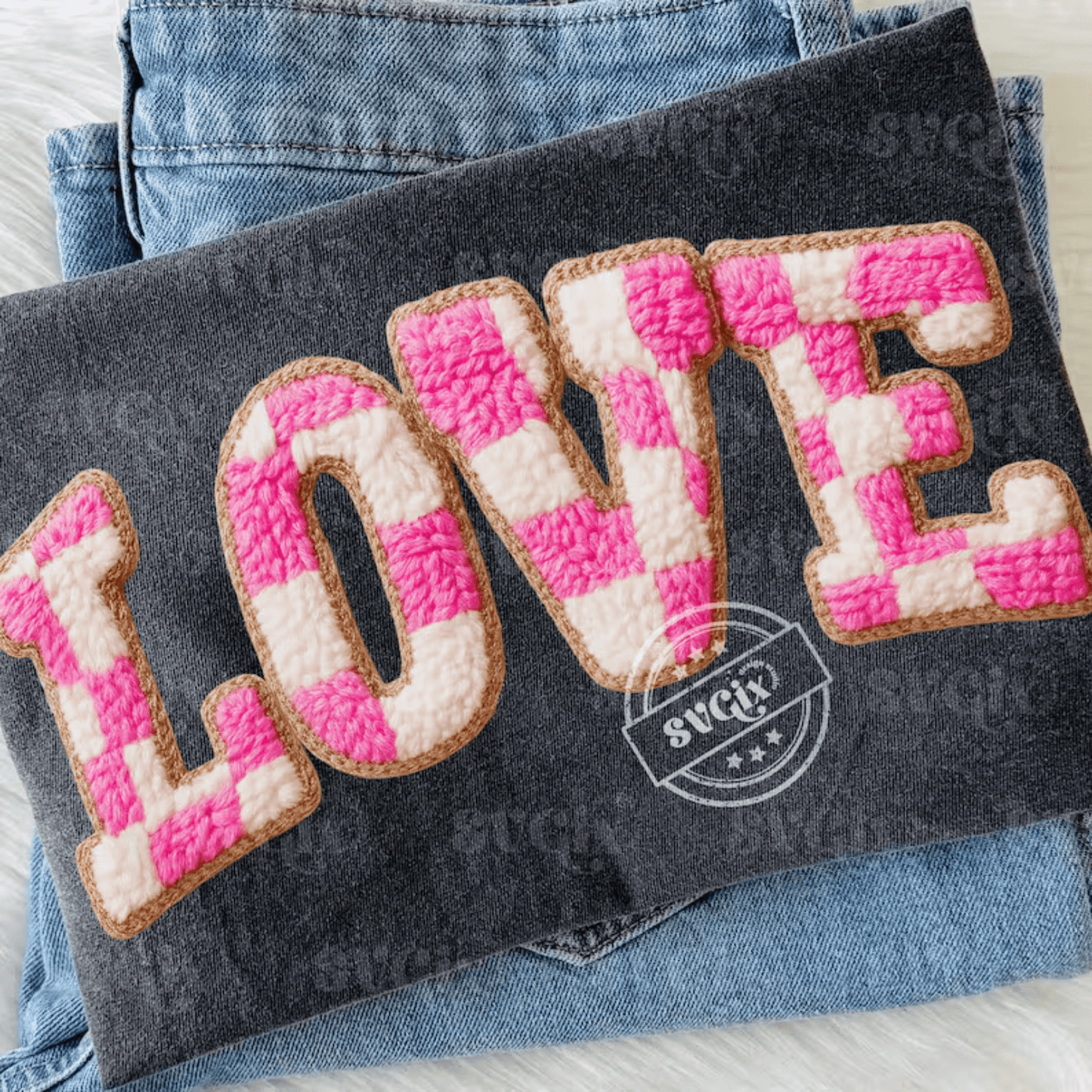 RTS LOVE PINK WHITE CHECKER YARN FAUX DTF DIRECT TO FILM transfers ADULT 9X12 - Do it yourself Transfers