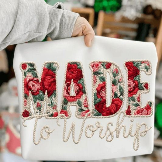 RTS MADE TO WORSHIP YARN RED FLOWERS DTF DIRECT TO FILM transfers ADULT 10X11.5 - Do it yourself Transfers