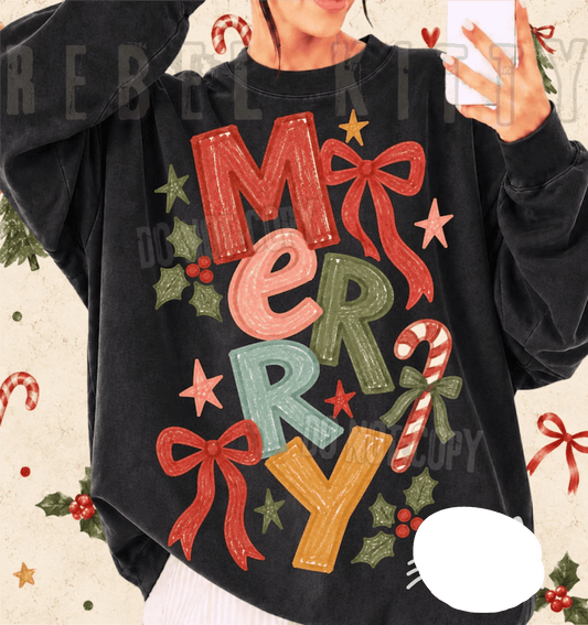 RTS MERRY BOW CANDY CANE DTF DIRECT TO FILM transfers ADULT 10.5X11.5 - Do it yourself Transfers