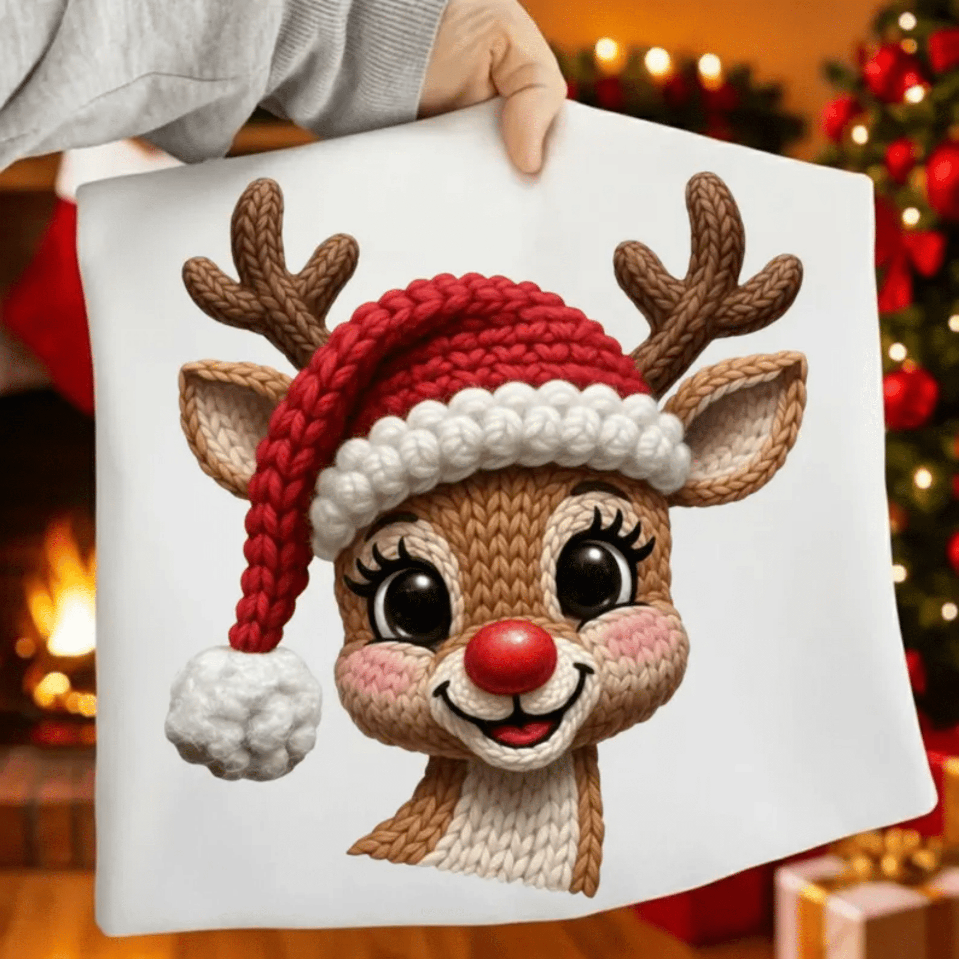 RTS REINDEER CROCHET SANTA HAT CHRISTMAS DTF DIRECT TO FILM transfers ADULT 10X12 - Do it yourself Transfers