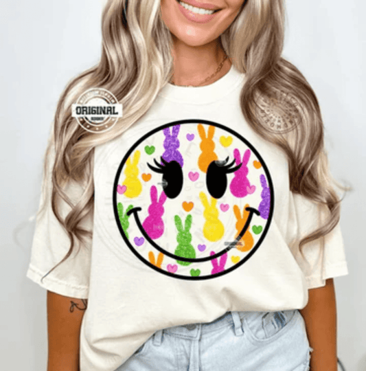 RTS SMILE FACE EASTER BUNNY MULTI COLOR DTF DIRECT TO FILM transfers ADULT 10X11.5 - Do it yourself Transfers