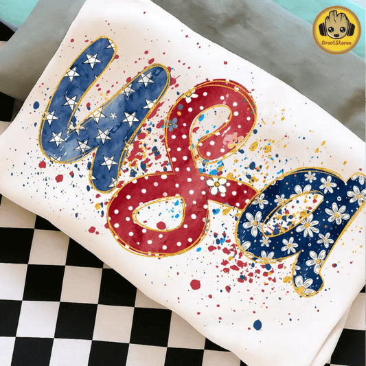 RTS USA RED WHITE BLUE POLKA FLOWERS DTF DIRECT TO FILM transfers ADULT 10X11.5 - Do it yourself Transfers