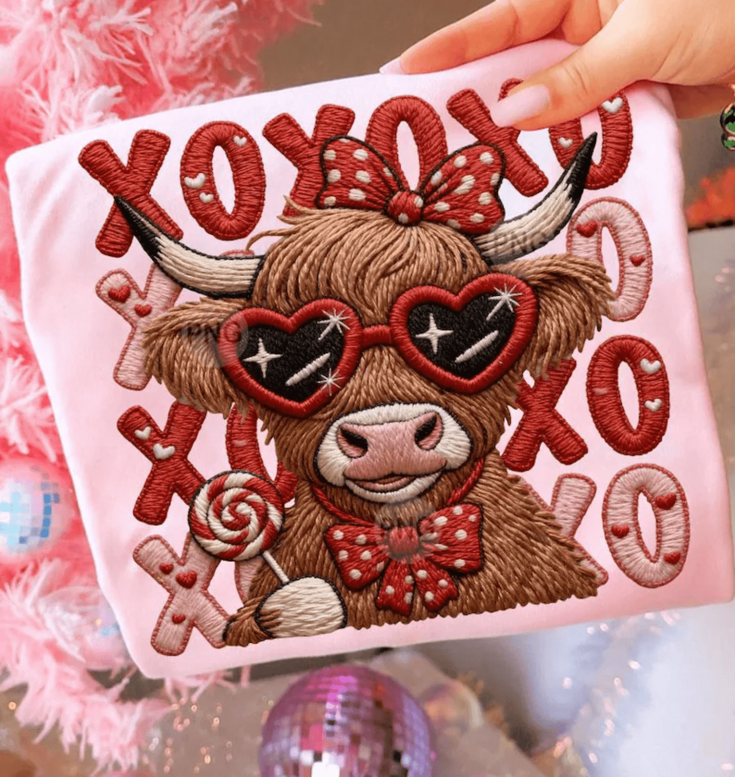 RTS XOXOXO COW VALENTINE YARN FAUX DTF DIRECT TO FILM transfers ADULT 10X12 - Do it yourself Transfers