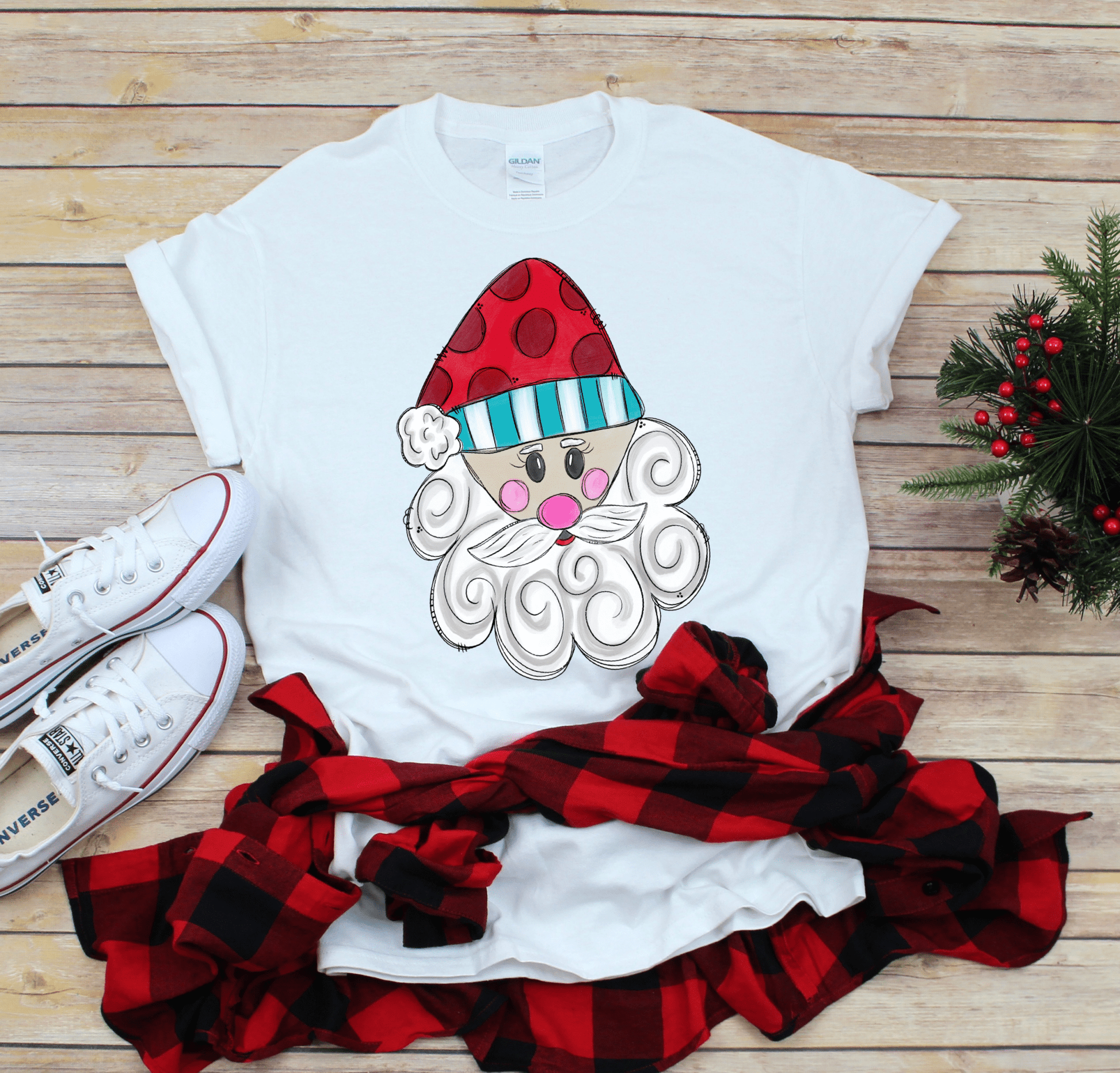 Santa face white and red stripe Christmas DTF TRANSFERPRINT TO ORDER - Do it yourself Transfers