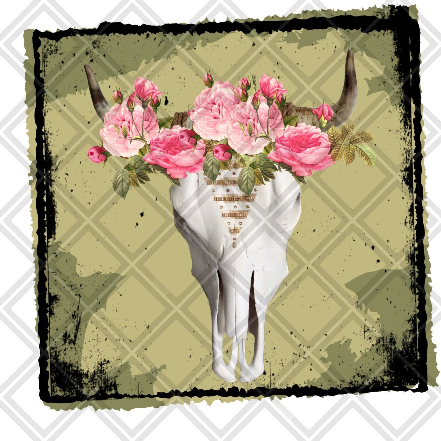 SKULL FLOWERS ROSES EYES FEATHERS with frame TRANSFERPRINT TO ORDER - Do it yourself Transfers