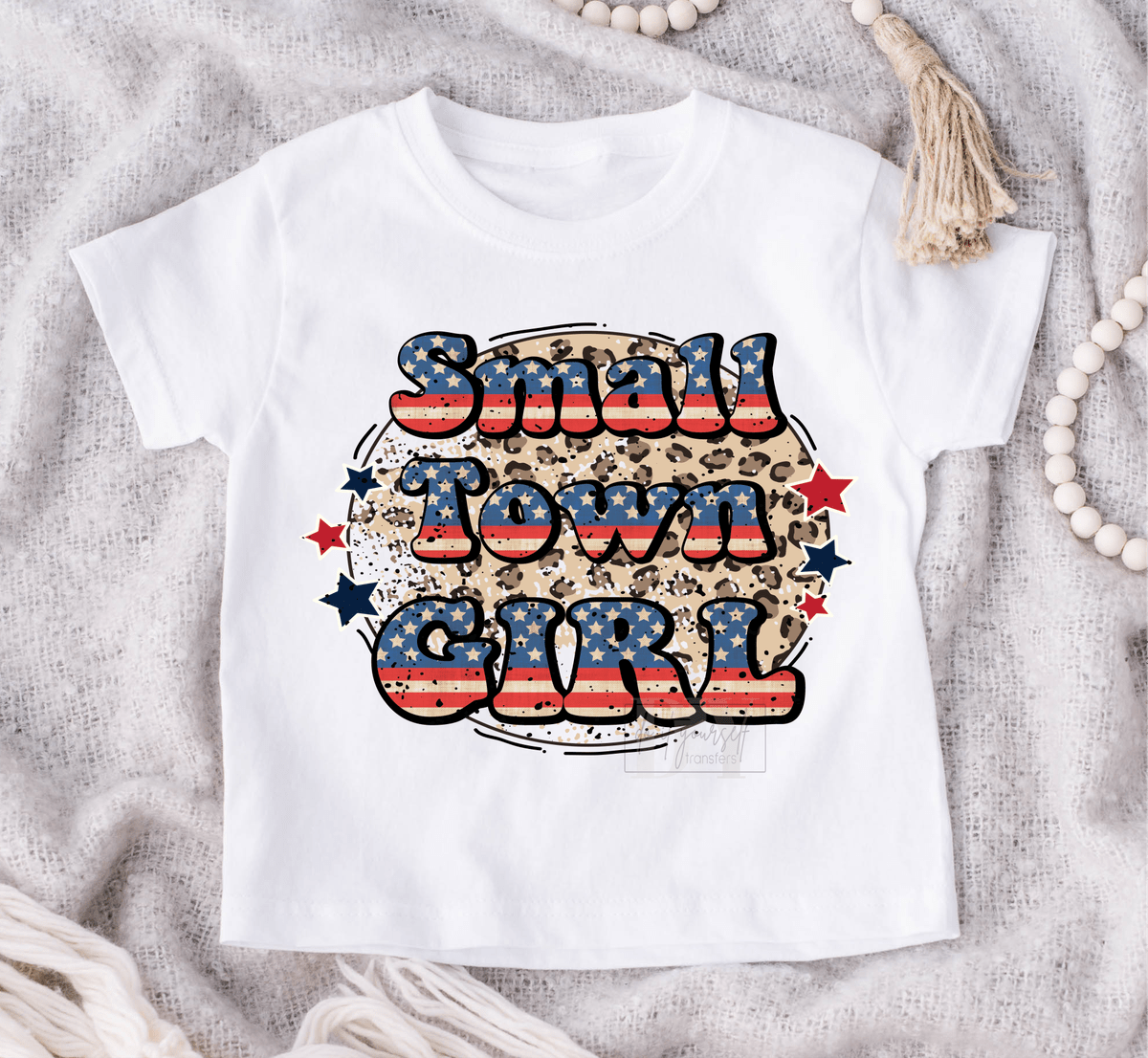 Small Town Girl Red White Blue Leopard circle size KIDS 7.9x6.8 DTF TRANSFERPRINT TO ORDER - Do it yourself Transfers