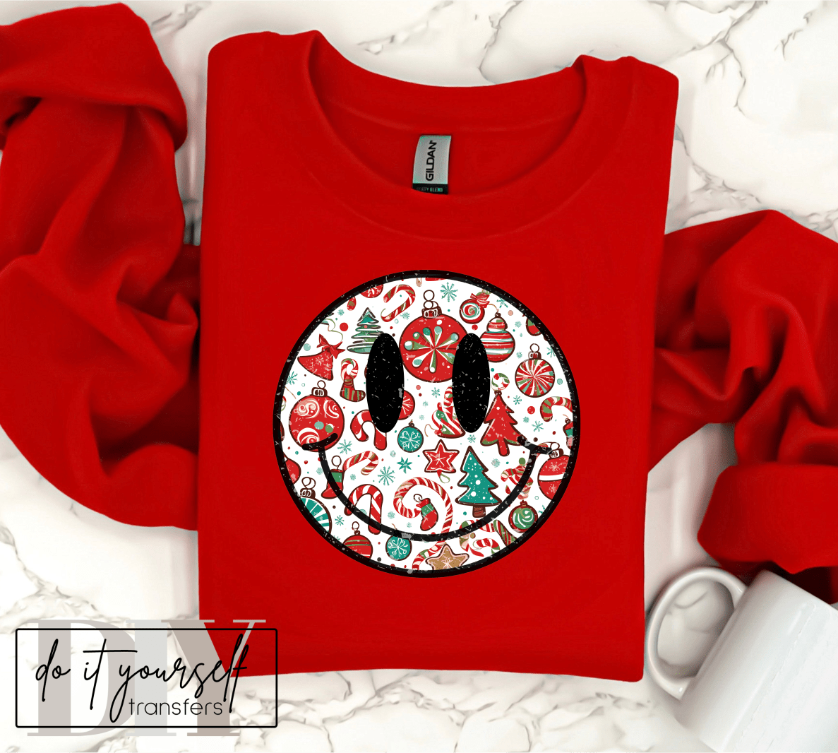 SMILEY FACE Christmas candy cane tree Holiday DTF size ADULT DTF TRANSFER PRINT TO ORDER - Do it yourself Transfers