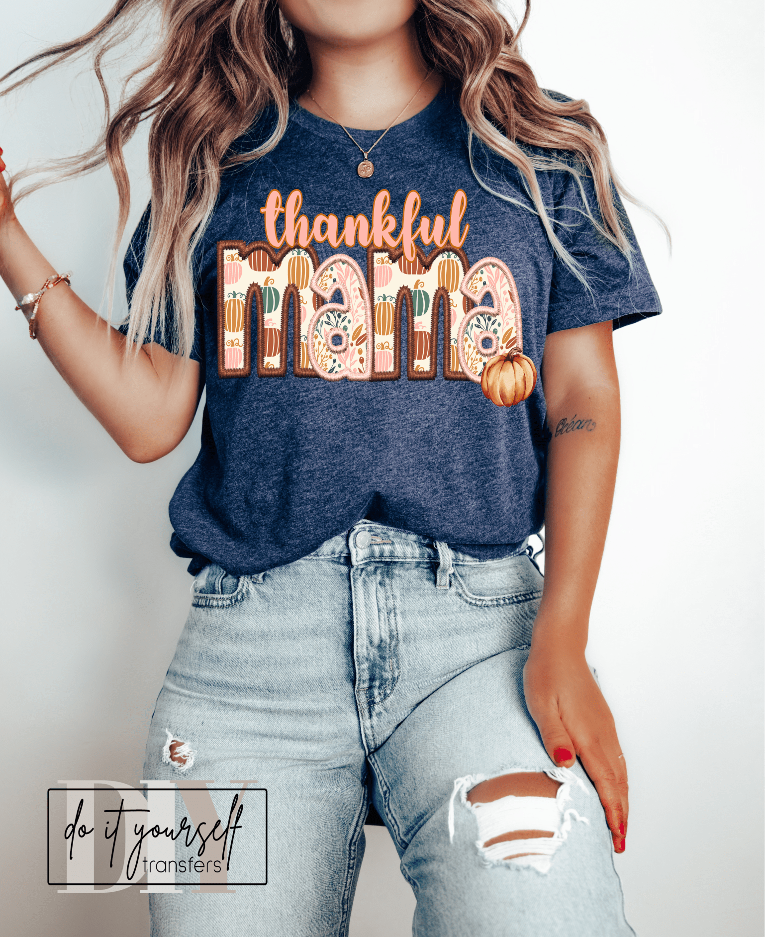 Thankful MAMA embroidery faux pumpkin fall ADULT DTF TRANSFERPRINT TO ORDER - Do it yourself Transfers