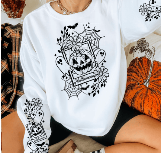 TRANSFER TUESDAY JULY 2ND HALLOWEEN PICTURE PUMPKIN GHOST SLEEVE SINGLE COLOR BLACK Screen Print transfers size ADULT 9X12 - Do it yourself Transfers