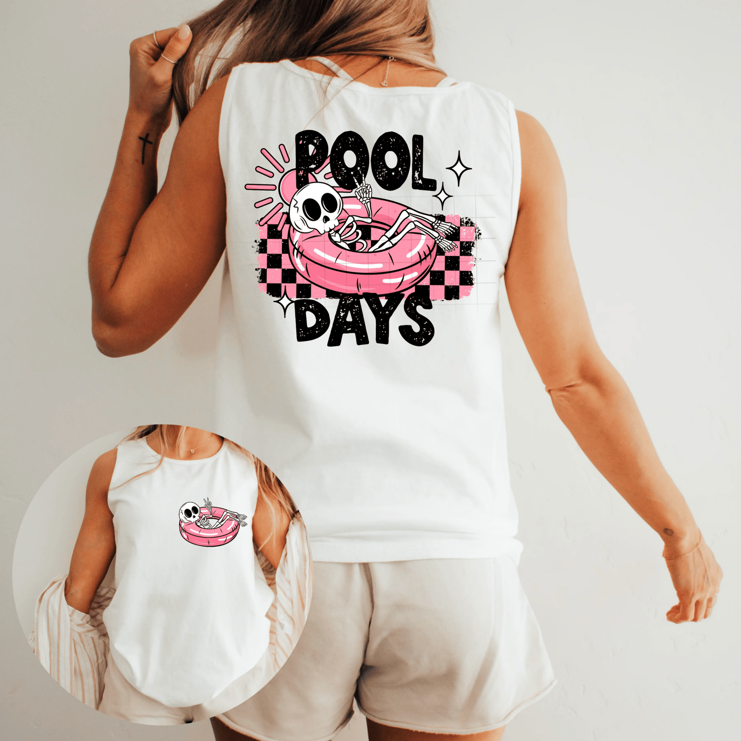 TRANSFER TUESDAY JUNE 6TH POOL DAYS FLOATIE SKULLIE PINK CHECKER SUMMER DTF DIRECT TO FILM transfers ADULT 10X11 POCKET - Do it yourself Transfers