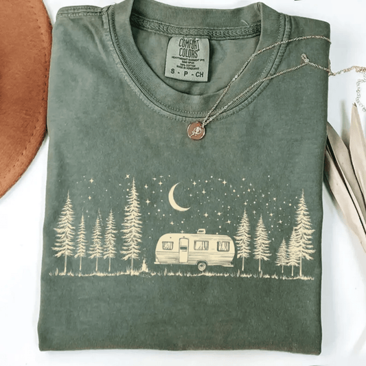 TRANSFER TUESDAY SHIPS MAR 12TH CAMPING MOON CAMPER TREES ADVENTURE SINGLE COLOR CREAM Screen Print transfers size ADULT 6X12 - Do it yourself Transfers