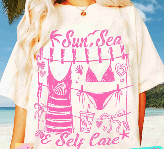 TRANSFER TUESDAY STARTS SHIPPING JAN 28TH SUN SEA & SELF CARE SUMMER SINGLE COLOR PINK Screen Print transfers size ADULT 10X12 - Do it yourself Transfers