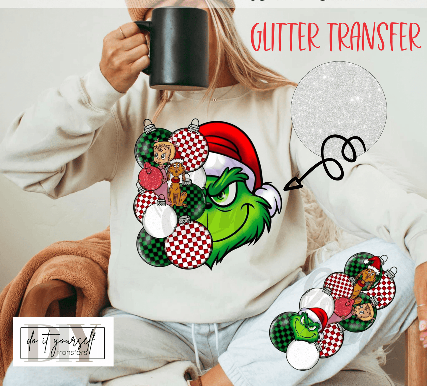 TRANSFER TUESDAY STARTS SHIPPING NOV 25TH GLITTER Green man movie cindy l o u Christmas DTF DIRECT TO FILM transfers size ADULT 10x12 sleeve included - Do it yourself Transfers