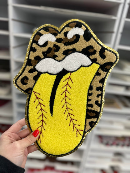 SOFTBALL TONGUE LEOPARD GOLD Chenille patch 12 inches in size