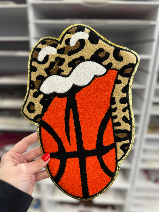 BASKETBALL TONGUE LEOPARD GOLD Chenille patch 12 inches in size