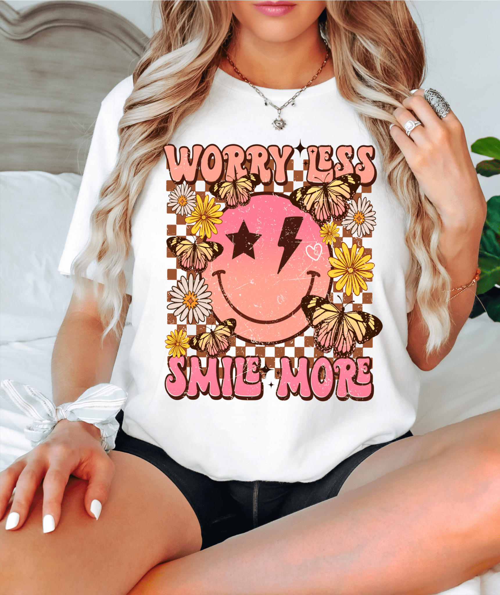 Worry less smile more smiley face flowers ADULT DTF TRANSFERPRINT TO ORDER - Do it yourself Transfers