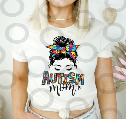 Autism Mom Messy mom bun puzzle   size ADULT  DTF TRANSFERPRINT TO ORDER