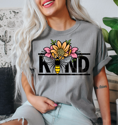 Be Kind Flowers Bee yellow Summer  size ADULT  DTF TRANSFERPRINT TO ORDER