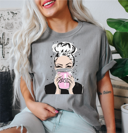Boss Lady messy bun pink coffee  size ADULT  DTF TRANSFERPRINT TO ORDER