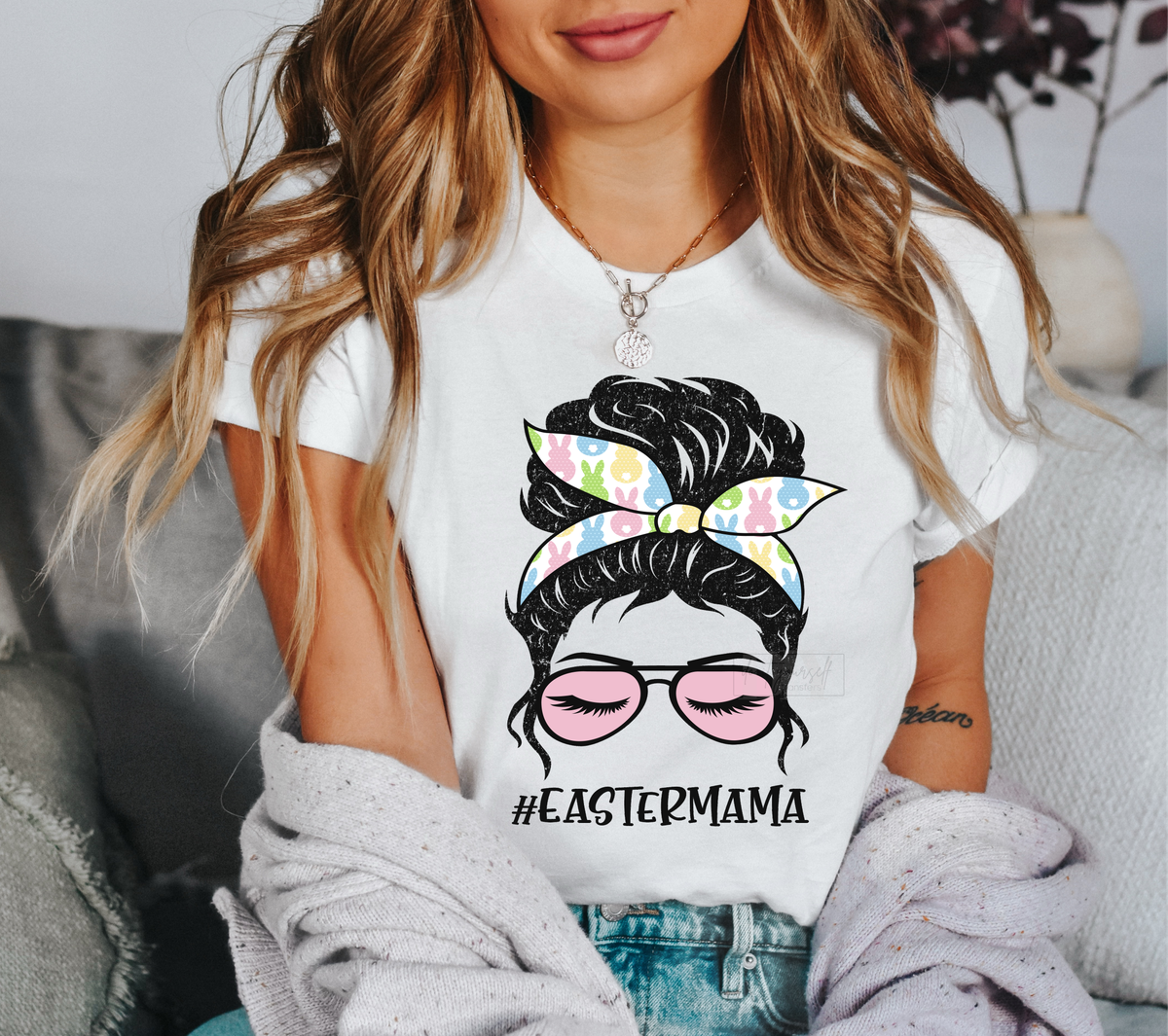 Easter Mama messy mom bun glasses Bunny  size ADULT  DTF TRANSFERPRINT TO ORDER