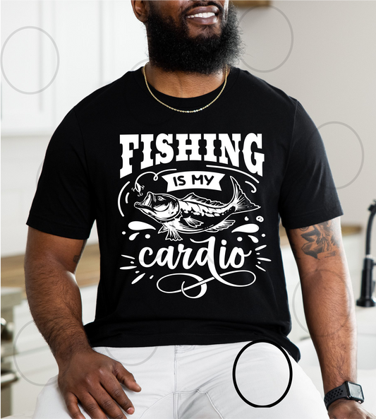RTS Fishing is my Cardio WHITE SINGLE COLOR Screen Print transfers size ADULT 11.2x10.5