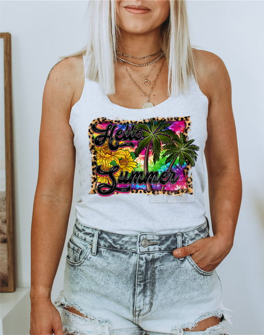 Hello Summer Palm trees Sunflowers leopard tie dye frame  size ADULT 12x9 DTF TRANSFERPRINT TO ORDER