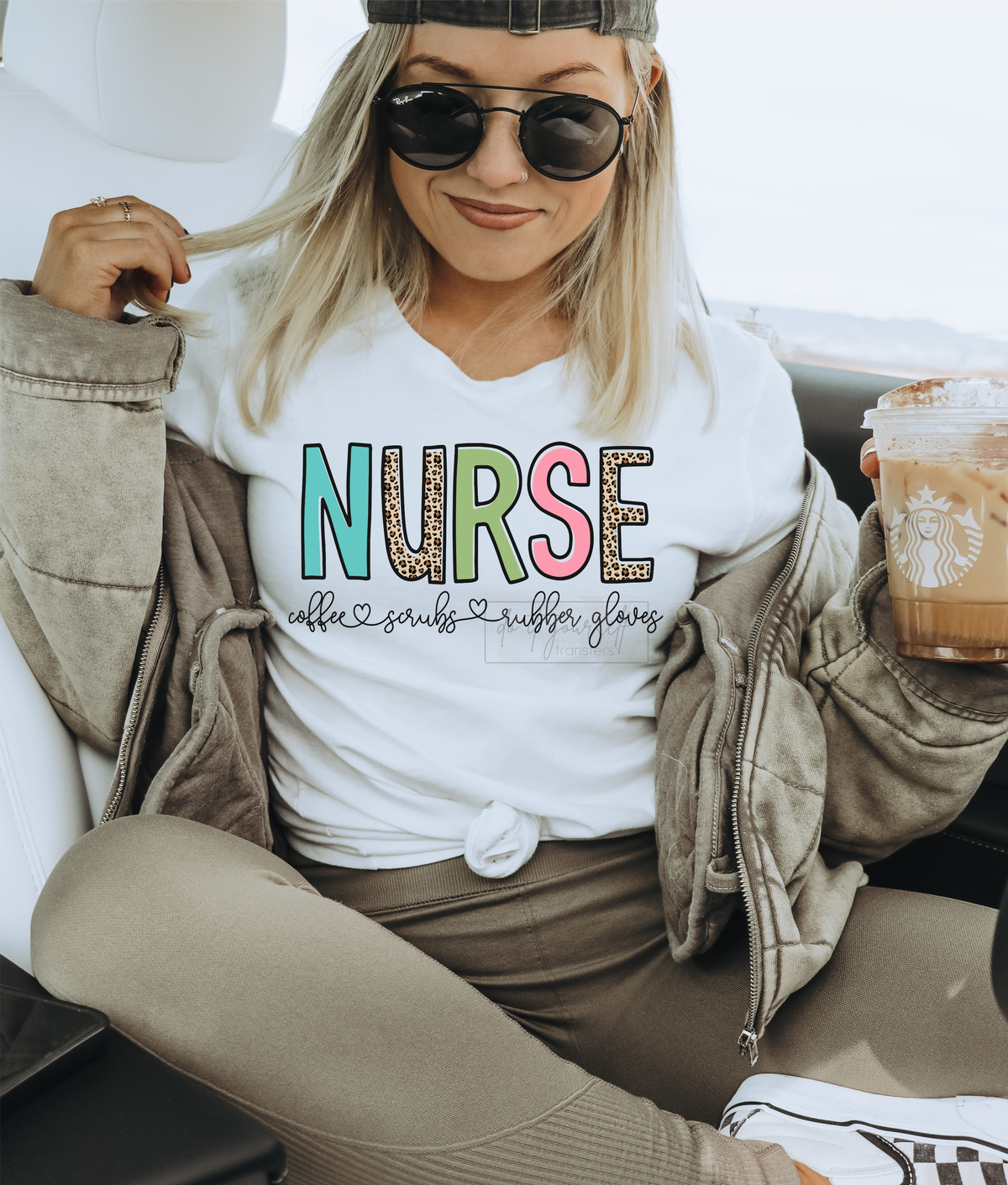 NURSE Coffee Scrubs Rubber Gloves  size ADULT  DTF TRANSFERPRINT TO ORDER