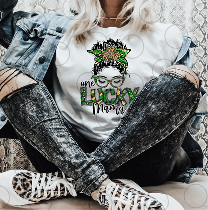 One Lucky Mama mom bun glasses St. Patrick's day clover patty green    size ADULT  DTF TRANSFERPRINT TO ORDER