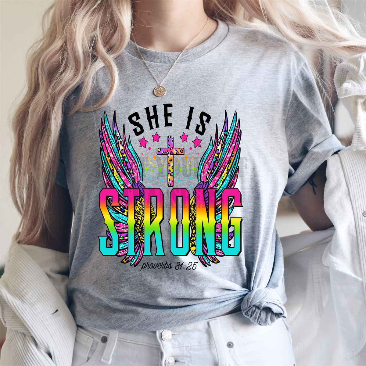 She is STRONG Proverbs 31:25 wings  adult size  DTF TRANSFERPRINT TO ORDER