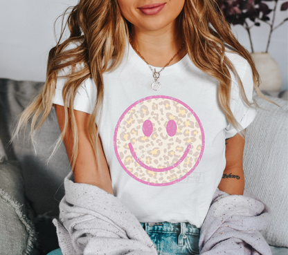 Smiley Face pink leopard  size ADULT 10.4x10.4 DTF TRANSFERPRINT TO ORDER