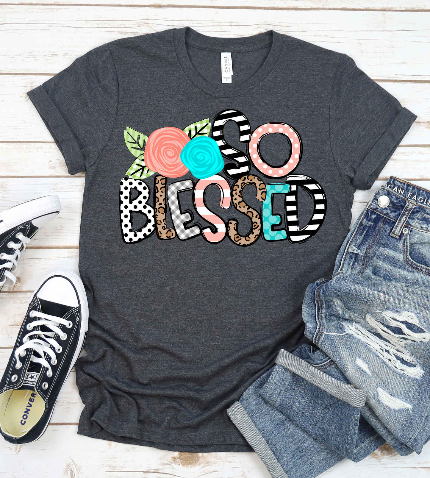 So blessed flowers Leopard polka dot turquoise coral DTF TRANSFERSPRINT TO ORDER
