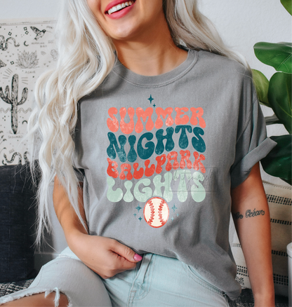 Summer Nights Ballpark lights Baseball Sports  size ADULT  DTF TRANSFERPRINT TO ORDER