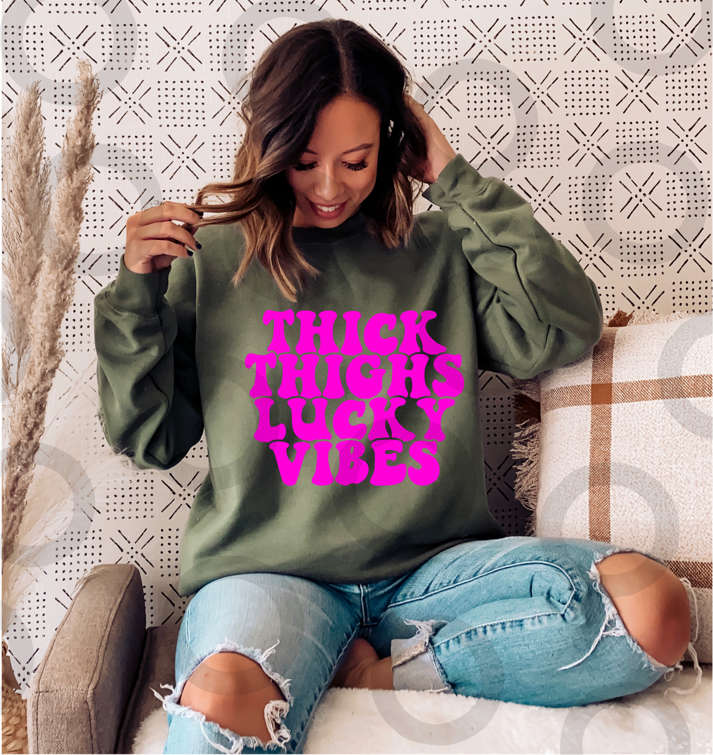THICK THIGHS LUCKY VIBES neon pink SINGLE COLOR  size ADULT  DTF TRANSFERPRINT TO ORDER