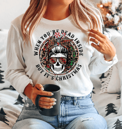 Skull Dead Inside But It's Christmas candy cane DTF TRANSFER PRINT TO ORDER 176 - Do it yourself Transfers