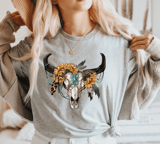 Sunflower Boho Bull Skull ADULT size DTF TRANSFER PRINT TO ORDER 146 - Do it yourself Transfers